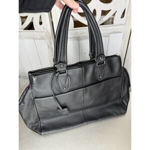 Vintage Gap Pebbled Black Leather Tote Tap Handle Bag Purple Floral Interior